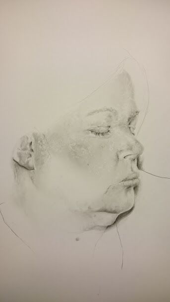 Alice Venn - BA Drawing students external exhibition at Hotel Elephant. Detailed pencil portrait of sleeping woman