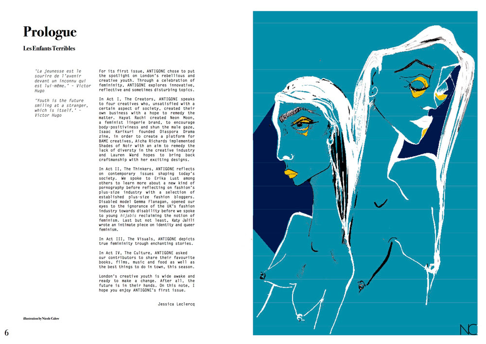 Spread from Antigone Magazine. Illustration: Nicole Calow