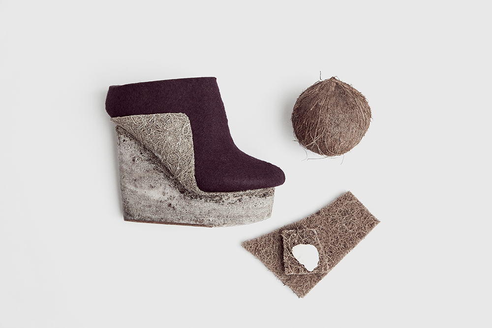 Coconut shoes made of coconut, latex and bioresin. Image credit: Liz Ciokajlo on Showtime