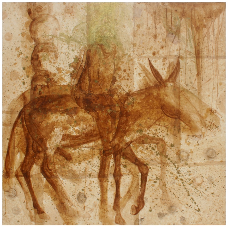 ‘The Traveller’ (watercolour, coffee, pigment, rice paper on canvas, 120cm x 122cm) 2018