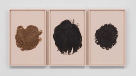 Beier__Strawberry_Blonde_Maggie_Bouffant__Choppy_Reverse_Pageboy__Soft_Curly_Pixie_(email)__2014__three_human_hair_wigs__each_in_a_painted_frame_CNON_55.456