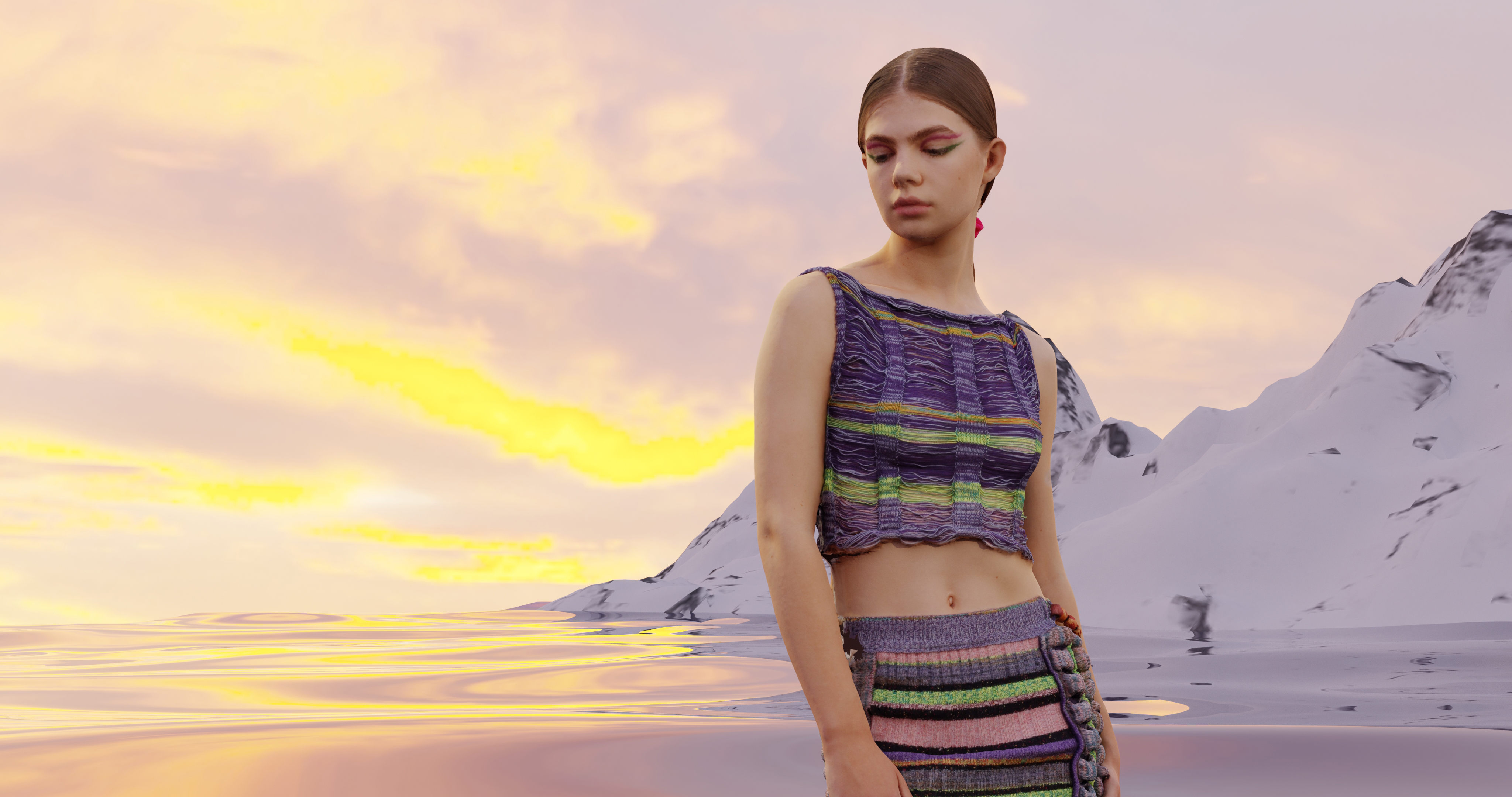 Model rendered in 3D on circular platforms, backdropped by an idyllic sunset 