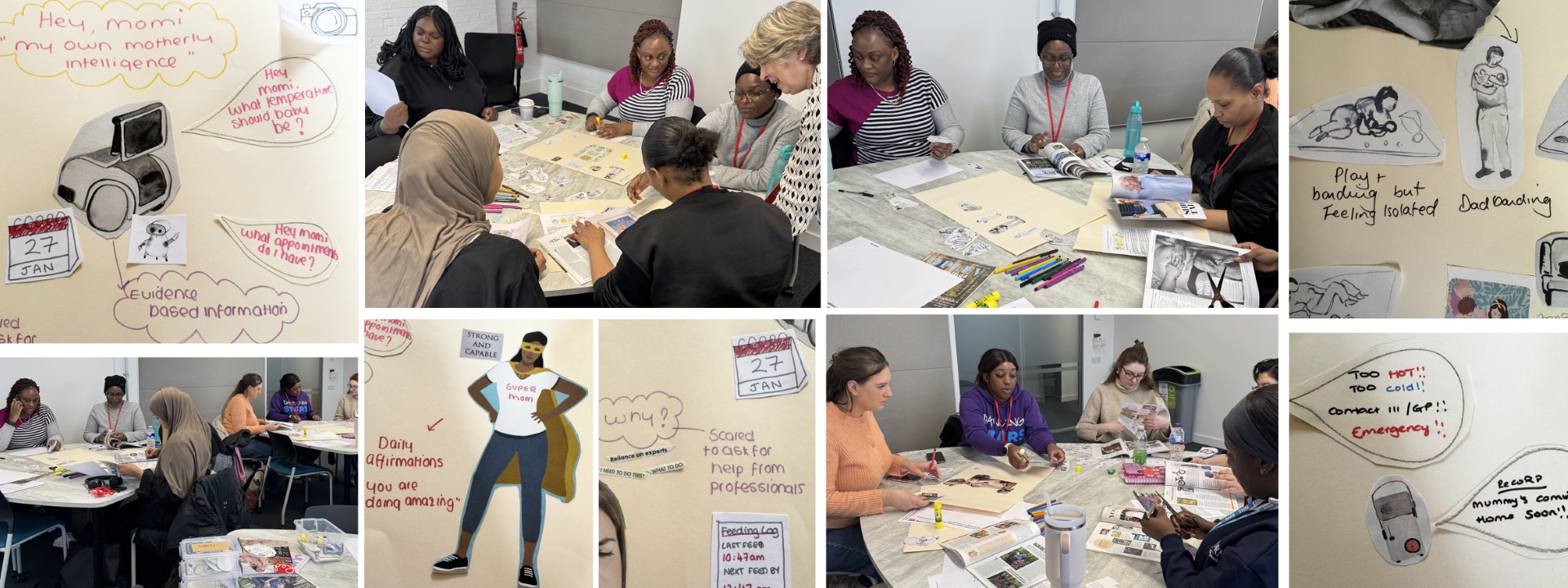 A composite image of tiled photos of groups at a workshop and close-ups of illustrations