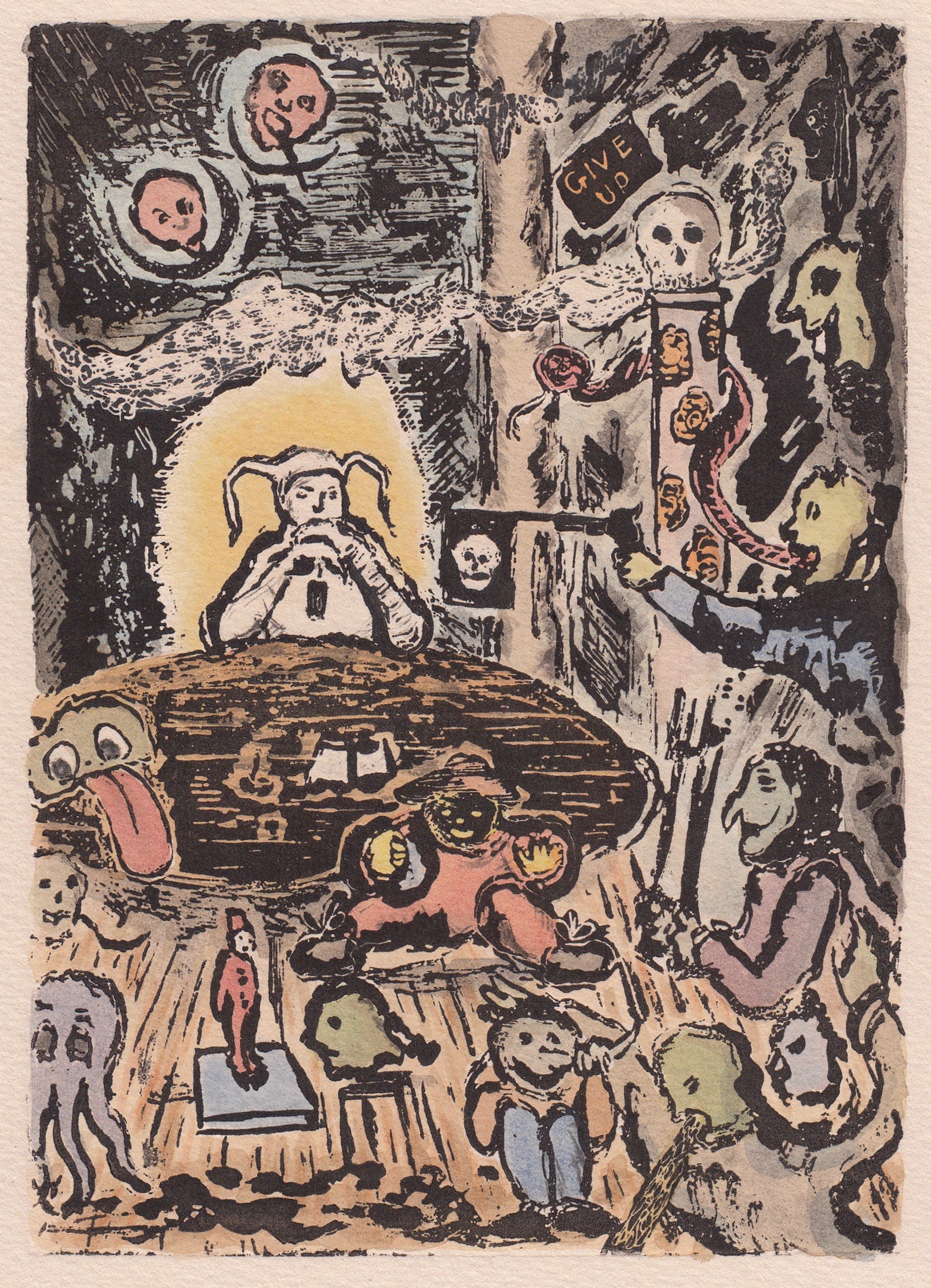 'Printgoblins', relief etching of a macabre toy shop with a sad looking goblin sitting at a table surveying the odd surroundings. by Oliver McConnie