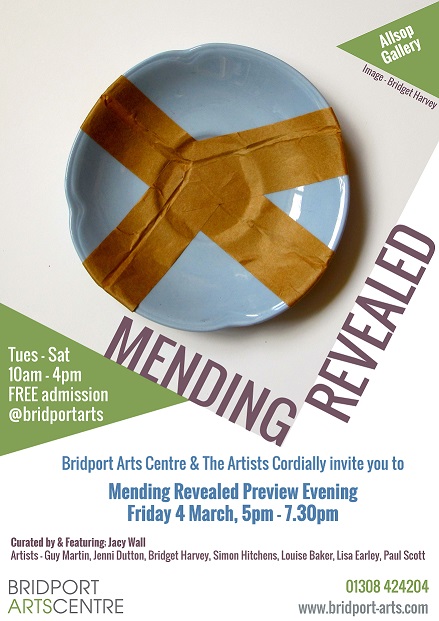 Mending Revealed exhibition poster. Bridport Arts Centre, 5th March - 16th April