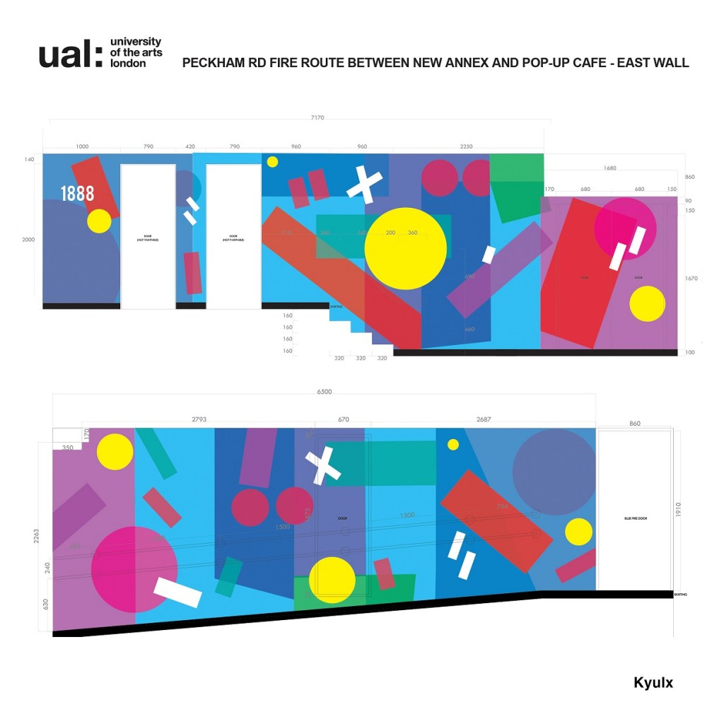 Kylux initial mural design placed on to wall plans. FdA Graphic Design student Kylux