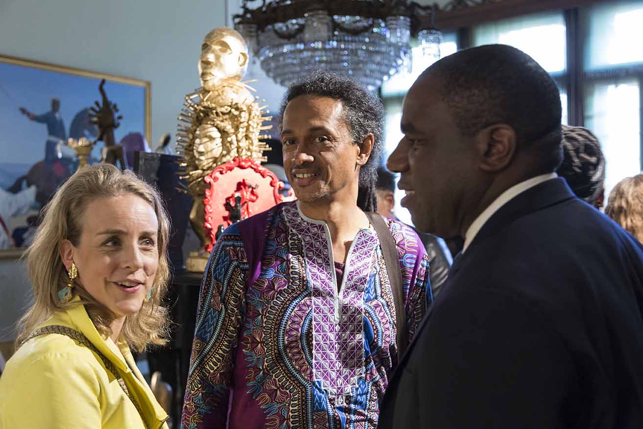 Kimathi Donkor (centre) with artist Nicola Green (left) and David Lammy, MP for Tottenham in London (right) at the Diaspora Pavillion in Venice in May 2017.