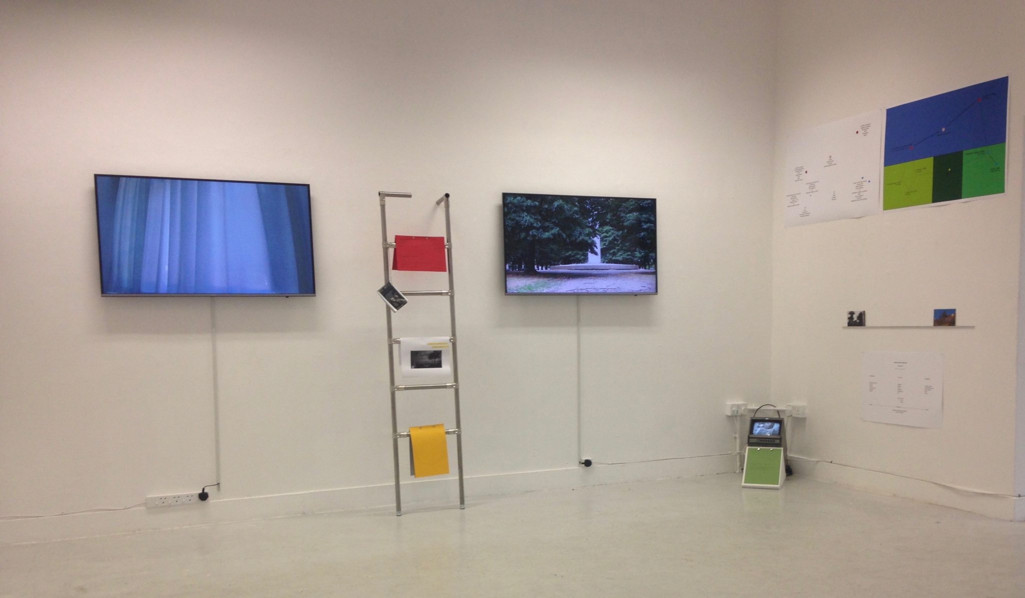 Exhibition view of Work Out by Gill Addison, video installation with printed matter.
