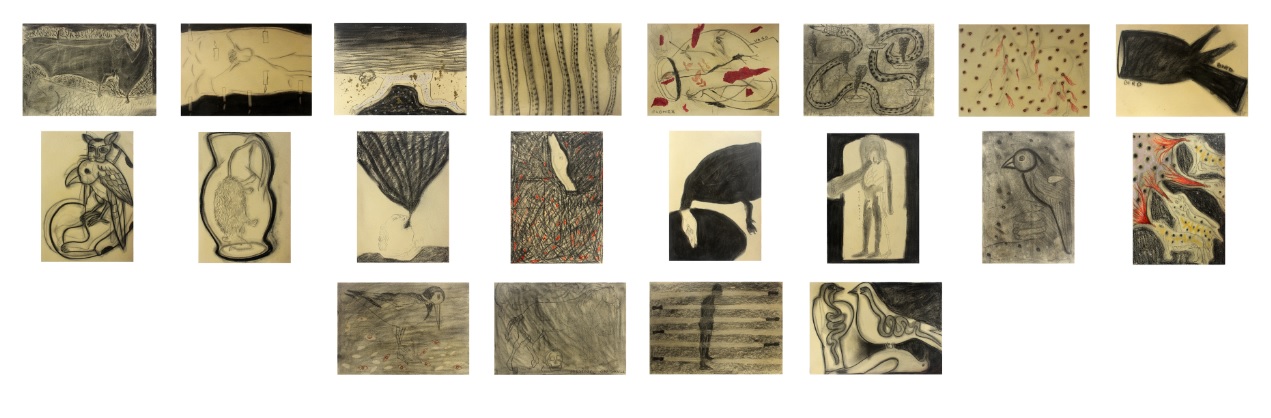 ‘No one dies Alone’ charcoal, watercolour on paper, 29cm x 21cm (set of 20), 2018 