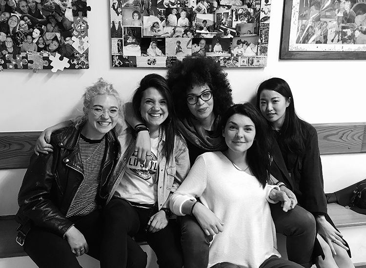 LCF students Holly and Yubin with three weavers from the community