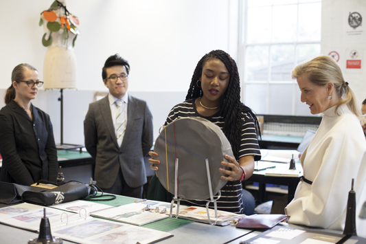 The Countess of Wessex with students and Professor Frances Corner OBE at London College of Fashion. Image credit: Hanna Puskarz