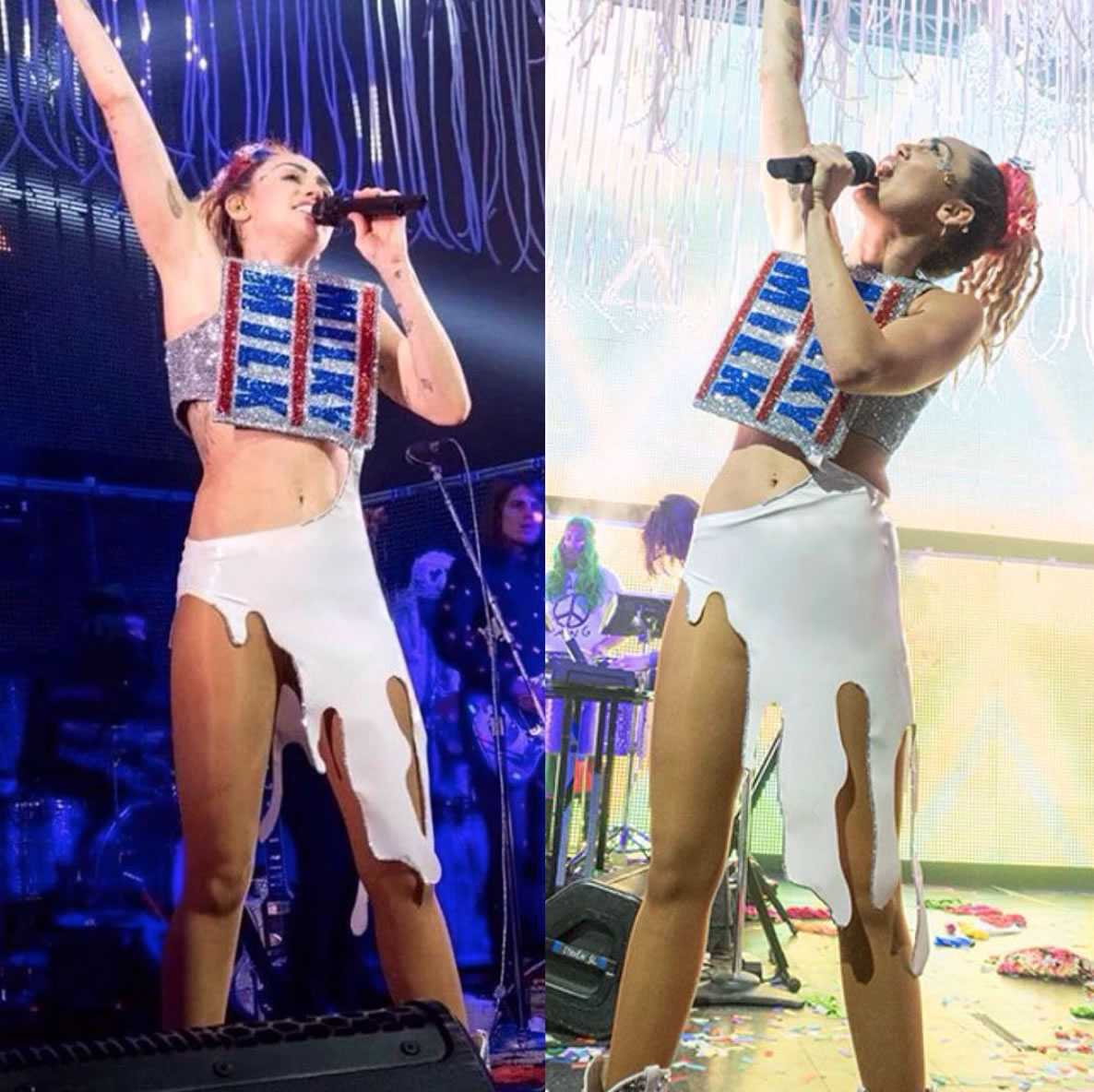 Miley Cyrus in concert wearing Christian Cowan-Sanluis 