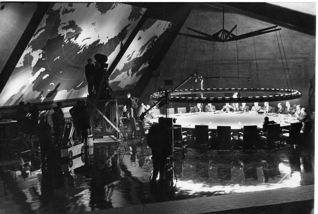 Behind the scenes photo of the War Room set, c1963