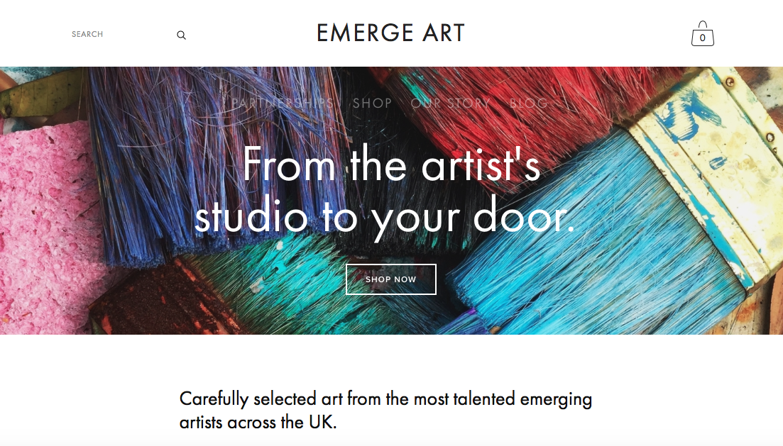 Screenshot of Emerge-Art Business' website page featuring paintbrushes in the background with the slogan "From the artist's studio to your door." And the description, "Carefully selected art from the most talented emerging artists across the UK."