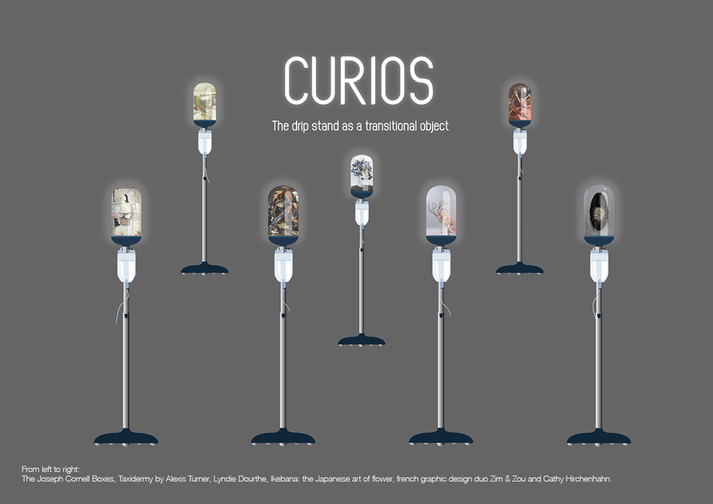 Images of designs for drip stands by Maëlys de la Ruée.