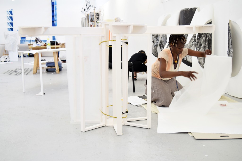 MA Book Arts students preparing their degree show space
