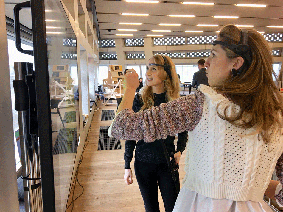 Irina Starkova playing the Mental Arm Wrestle Game with Sky News’ Gemma Evans