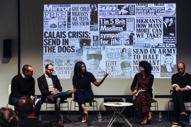 Beyond Borders panel (l-r): Tom Law, Abdulwahab Tahhan, chair Claudia-Liza Armah and Shahd Abusalama, Maurice A Wren. Image © Ana Escobar.