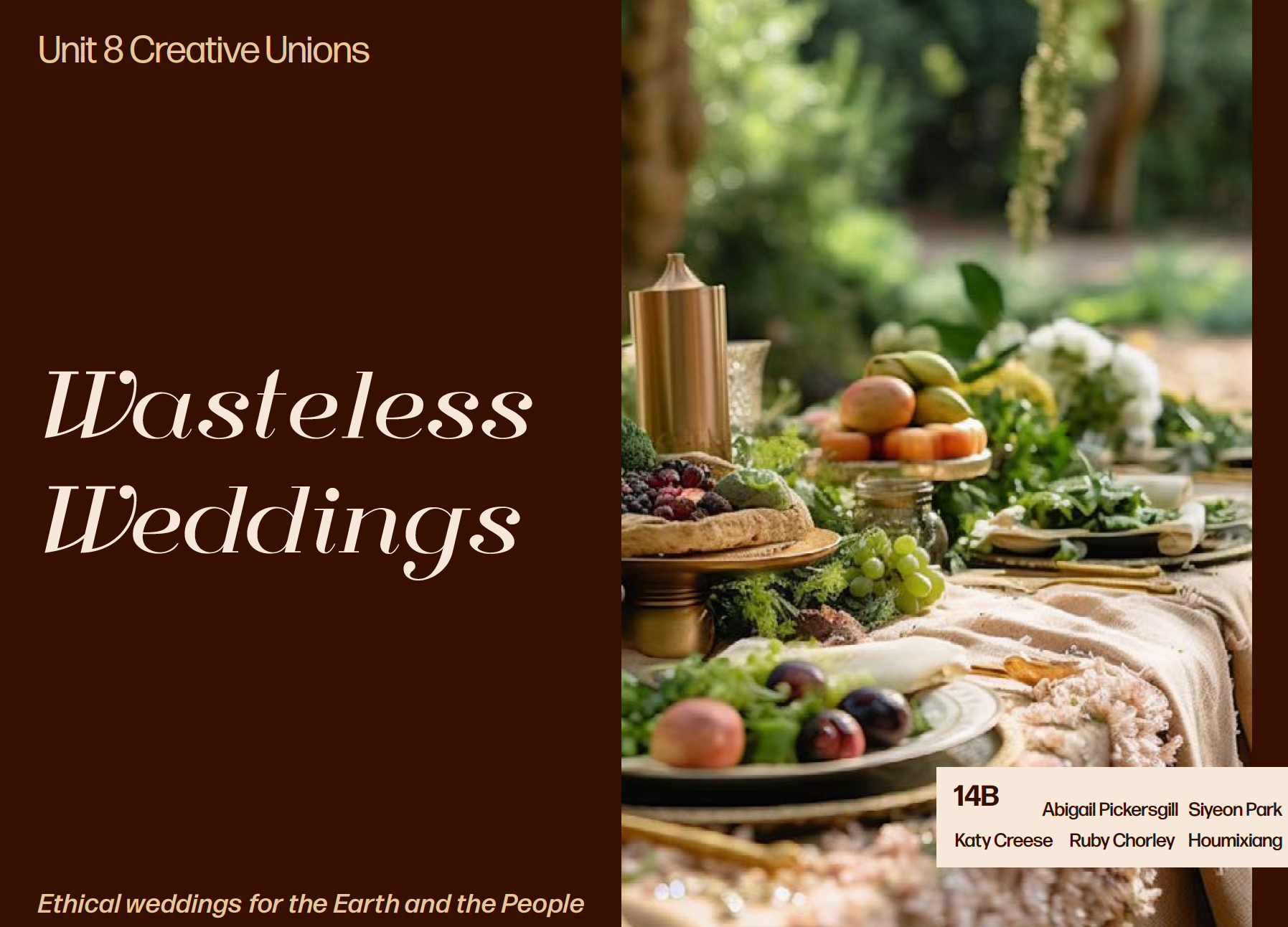 A presentation cover with the title Wasteless Weddings on a brown panel next to an image of a table dressed for an occasion