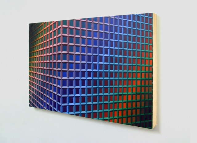 Acrylic painting on wooden panel. Lattice effect image, waves of blue/orange colour