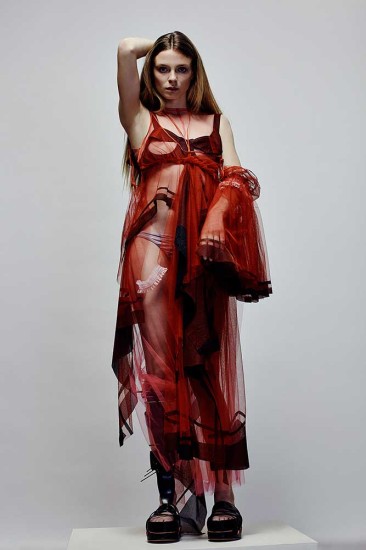 Womenswear by Fanni Varga, BA Fashion Design Technology: Womenswear. Accessories by Hiu Ching Natalie Chan, BA Fashion Jewellery. Footwear by Carla Blanc, BA Cordwainers Footwear: Product Design and Innovation. Photographer: James Rees , Creative Direction: Rob Phillips, Hair: Ezana Ové, Beauty: Kirsty Gaston