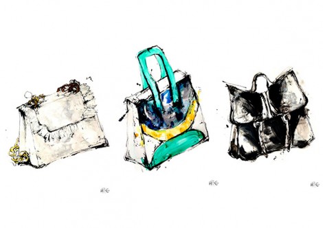 Illustration: Hayley McDonald, BA (Hons) Fashion Illustration. Bags created by Max Cunningham, Isabella Kerovirta, Sienne McNiven - all BA (Hons) Cordwainers Fashion Bags and Accessories.