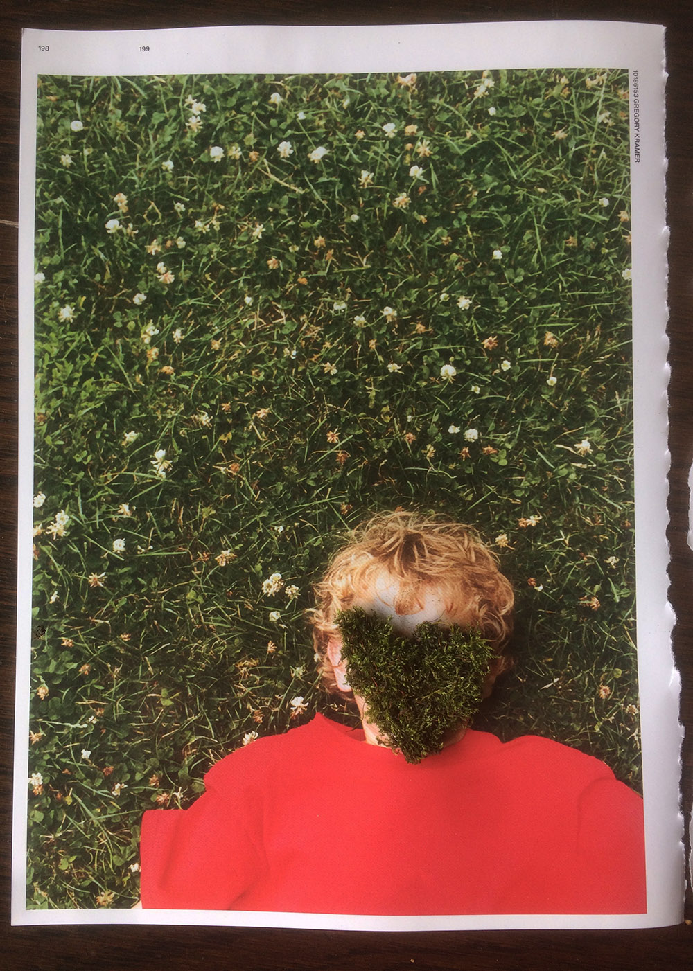  collage of a boy on a red top against green grass, the boy's face is covered with live moss, work by student Francesca Scott-Sills