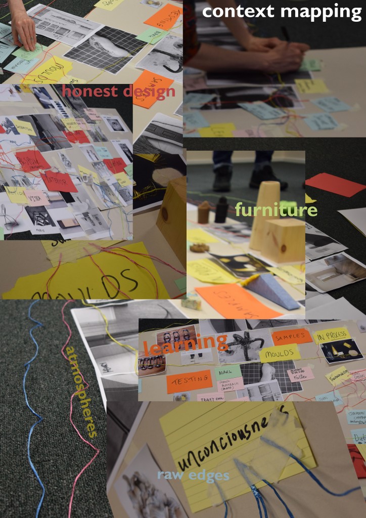 Images from Ma Designer Maker Context Mapping session - collaged with text highlighting key areas, 'learning, atmosphere, furniture'