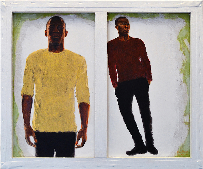 Image: The nkisi aura by Kimathi Donkor 2015 Oil & acrylic paints, canvas, wood, staples; 50cm x 60cm image of two men 