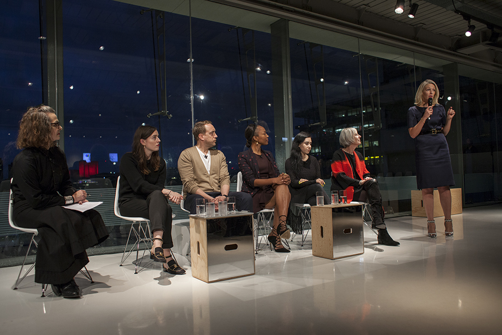 The EMBA panel at the Louis Vuitton Series 3 exhibition on The Strand. Left to Right: Professor Frances Corner, Lou Stoppard, Jason Beckley, Ada Zanditon and Hilary Riva OBE