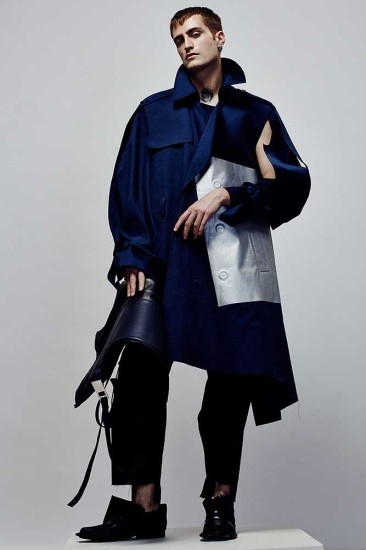 Menswear by Louise Oilam Pang, BA (Hons) Fashion Design Technology: Menswear.  Accessories by Stefania Ella Malewicz, BA (Hons) Cordwainers Fashion Bags and Accessories: Product Design and Innovation. Photographer: James Rees , Creative Direction: Rob Phillips, Hair: Ezana Ové, Beauty: Kirsty Gaston