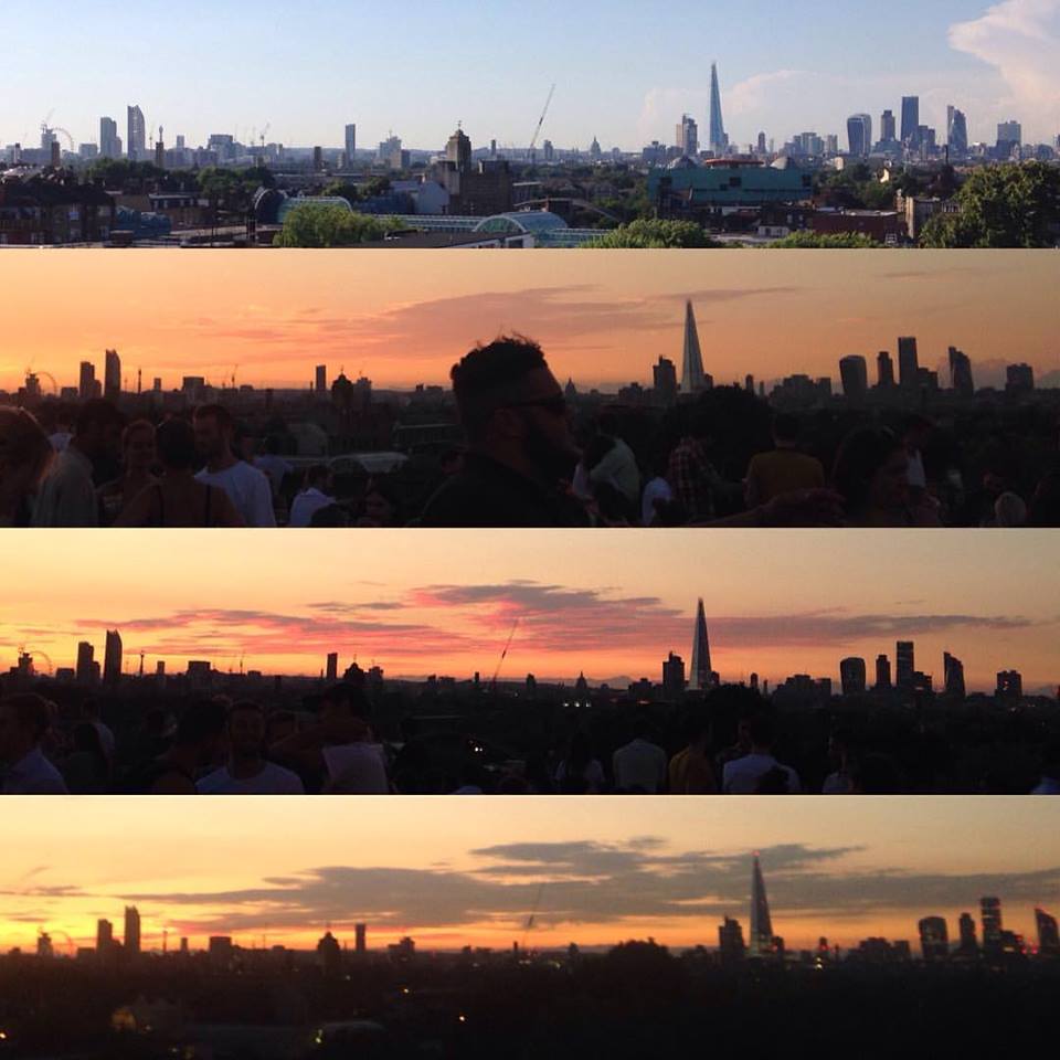 Sun setting over London cityscape - view from Frank's Rooftop bar
