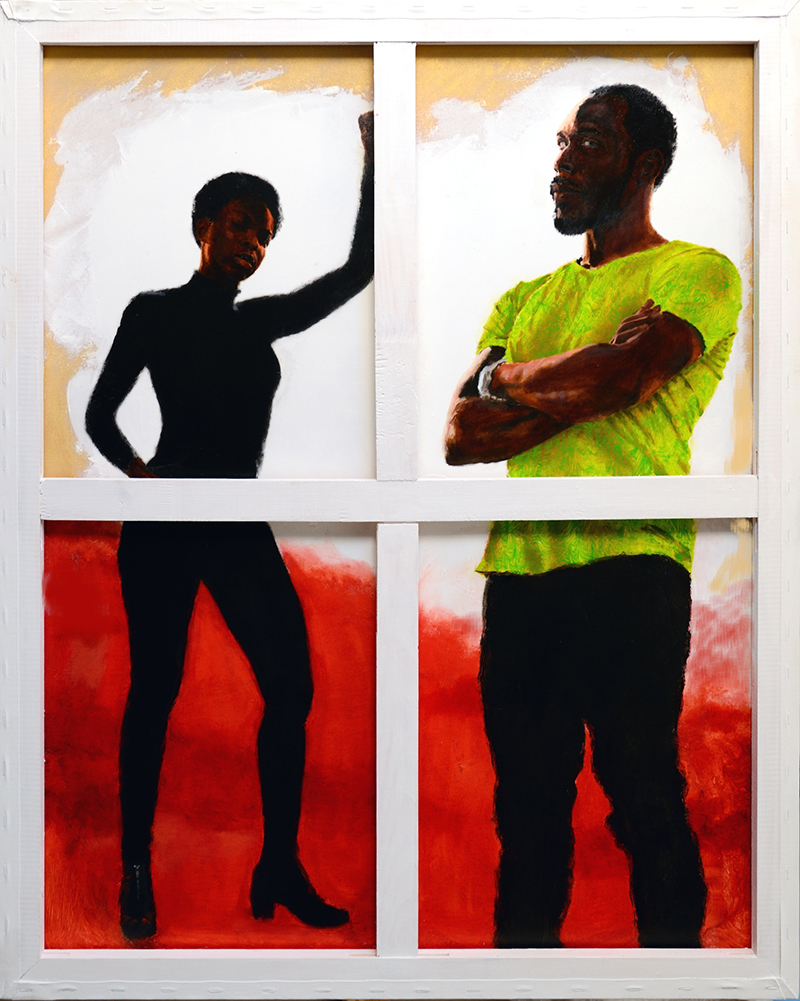 Kimathi Donkor oil & acrylic paints, canvas, wood, staples; 100cm x 80cmwe see two people through a window frame