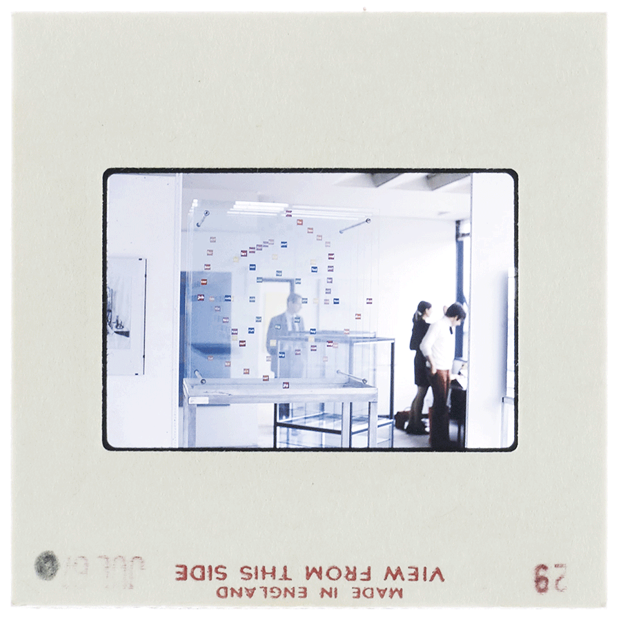 Installation view including artwork by Tom Edmonds, Diploma show CSA 1967 (Digitised slide, courtesy Chelsea College of Arts Library, University of the Arts London