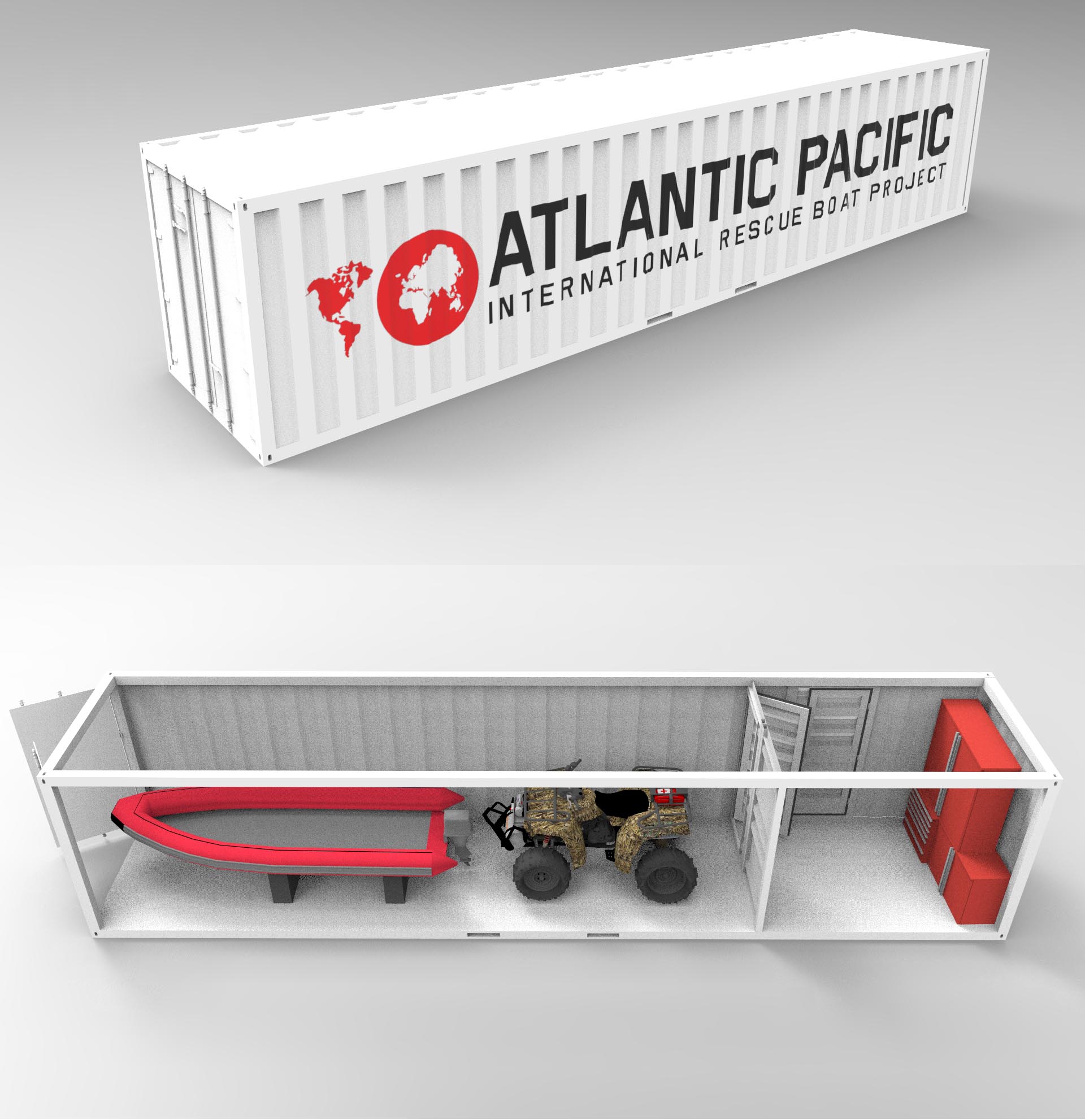 Digital renders of early designs for the Life Boat in a Box by student Victor Polyakov.