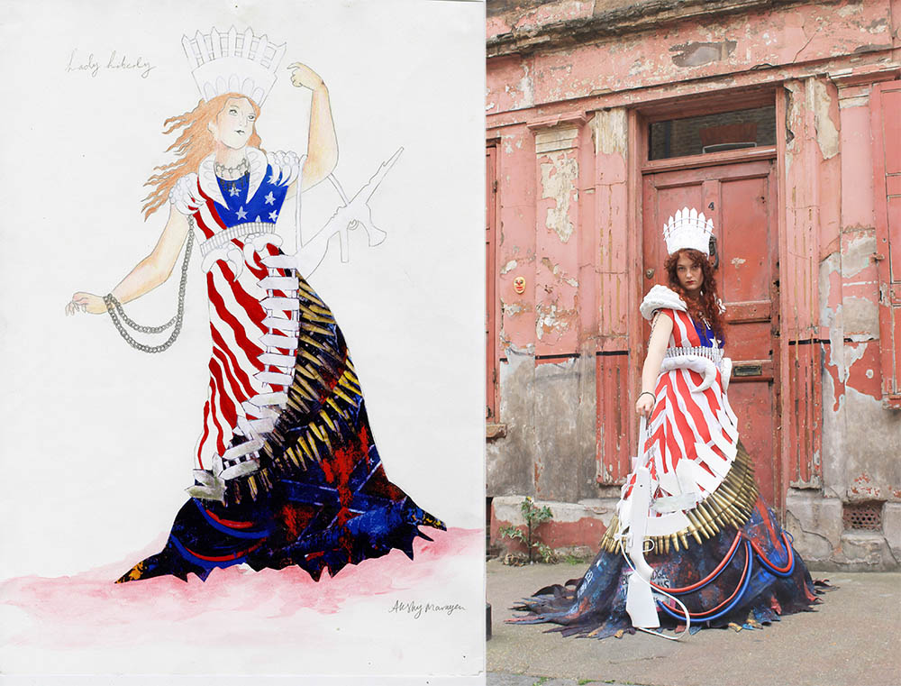 (l-r) Final design for conceptual character Lady Liberty inspired by the American Dream and final constructed costume of Lady Liberty both 