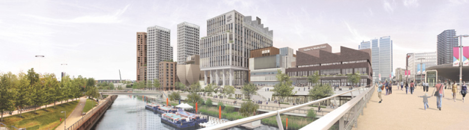 Illustrative view of Stratford Waterfront looking north east towards International Quarter London from the F10 bridge.