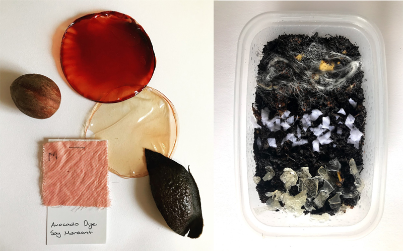 Avocado dyed casein materials and materials compost bin - Marie Stenton
