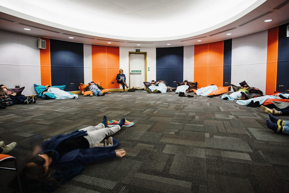 Alison Carlier performing an Audio Drawing at Art Language Location, Cambridge. Photo by Bill Mudge.