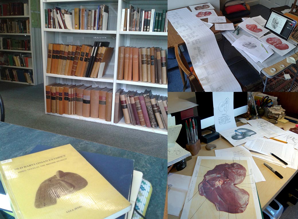 Ulla Jeyes, ‘Old Babylonian Extispicy’, (1989) book at Warburg library, and work with divination diagrams, images, omens and livers. 2016.