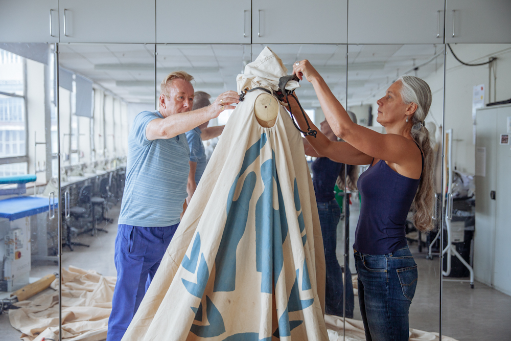 Helen Storey and pattern maker Mark Tarbard in the studio creating Dress For Our Time , Autumn 2015. Photo by: Kathy Anne Lim 