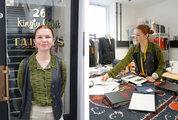Portrait of Leisha Parlour outside 26 Kingly Street Tailors and inside the studio