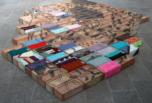 Woodberry Down (London common bricks, coloured yarn and graphite) by Holly Owen