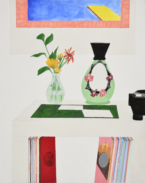 Conor Murgatroyd, Still Life Of My Bedroom Featuring Charlie Sargent And Eddie Wicker, May 2016. A3, Humbrol Enamel, watercolour, felt tip on watercolor paper.