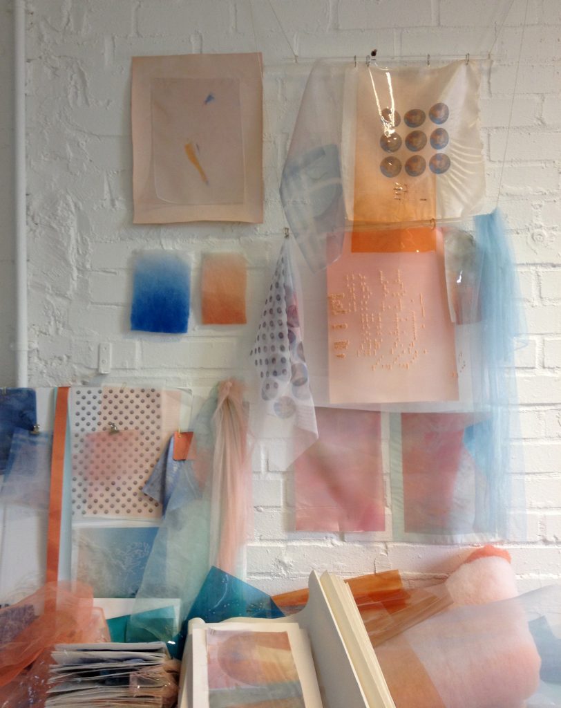 Studio in progress - hanging fabrics, and dye samples.