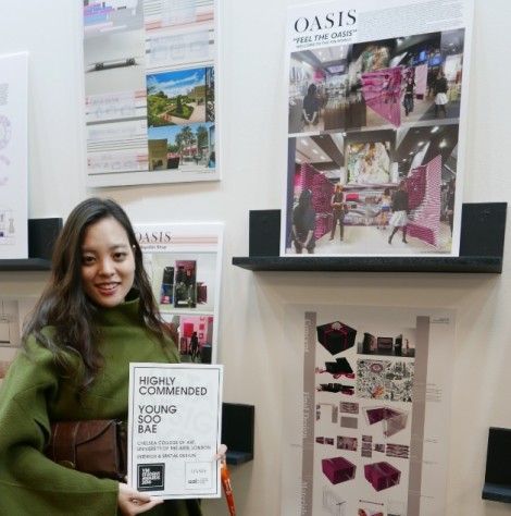 Young Soo Bae at the Retail Design Expo 2016 with her designs which were highly commended at the VM Student Awards