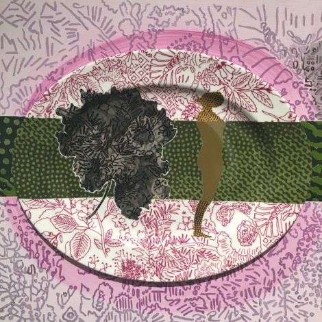 Ceramic piece on top of painting. Both by Charlotte Hodes