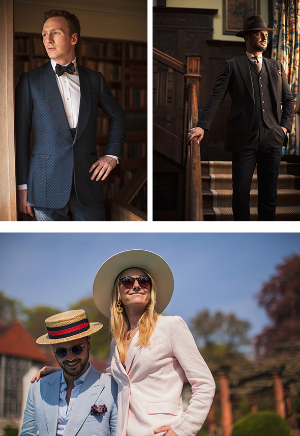 3 images of men and women wearing tailored suits in the English countryside