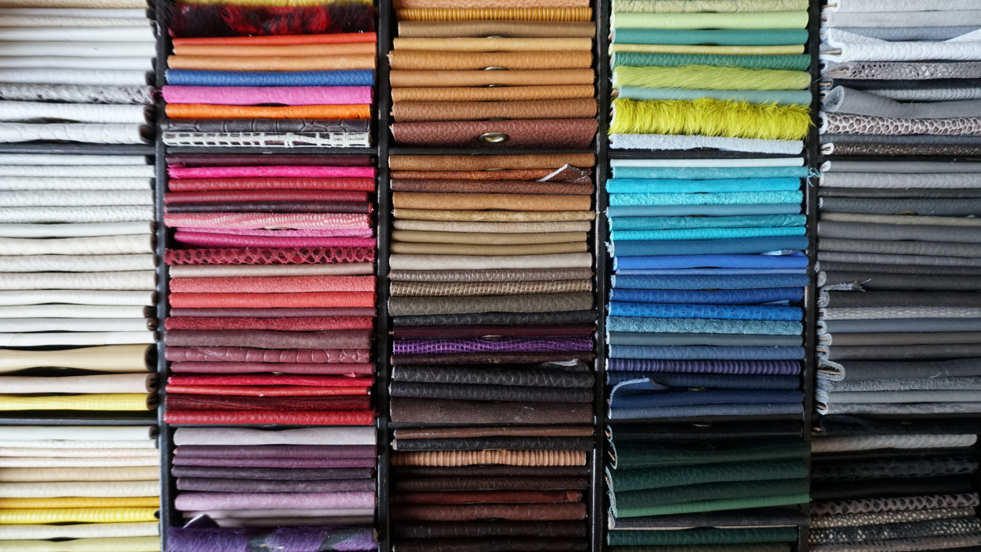 A box of Alma Leather samples from the Materials Collection at John Prince’s Street 