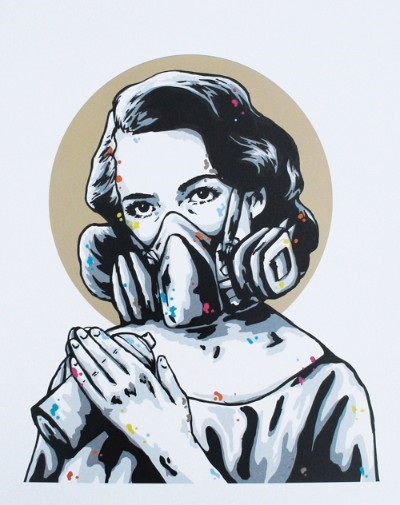 (s)Pray - Gold is a spray painted piece by street art talent Zabou. This piece is of a young girl who is painted in grey, black and white. She looks directly out at you, a respiratory protective equipment mask on her face. She holds her hands as if in prayer while holding a spray paint can. There are blobs of coloured paint across her, her clothes and her hair. Her head has a golden circle behind it, appearing as a halo.
